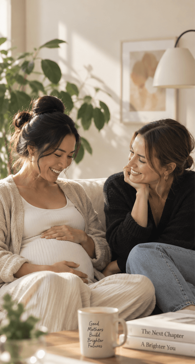 An expecting mother sharing a warm moment with a friend at home