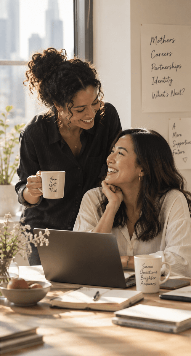 A mentor and mentee sharing a laugh over coffee at work