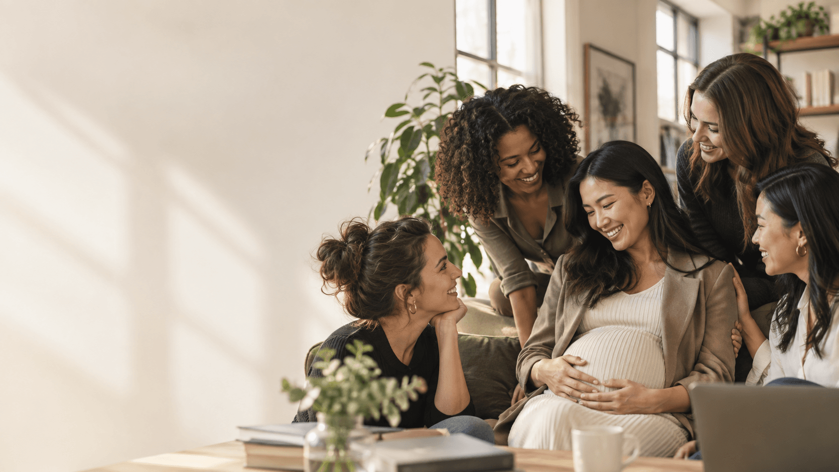 A circle of friends gathered around a pregnant woman, laughing together